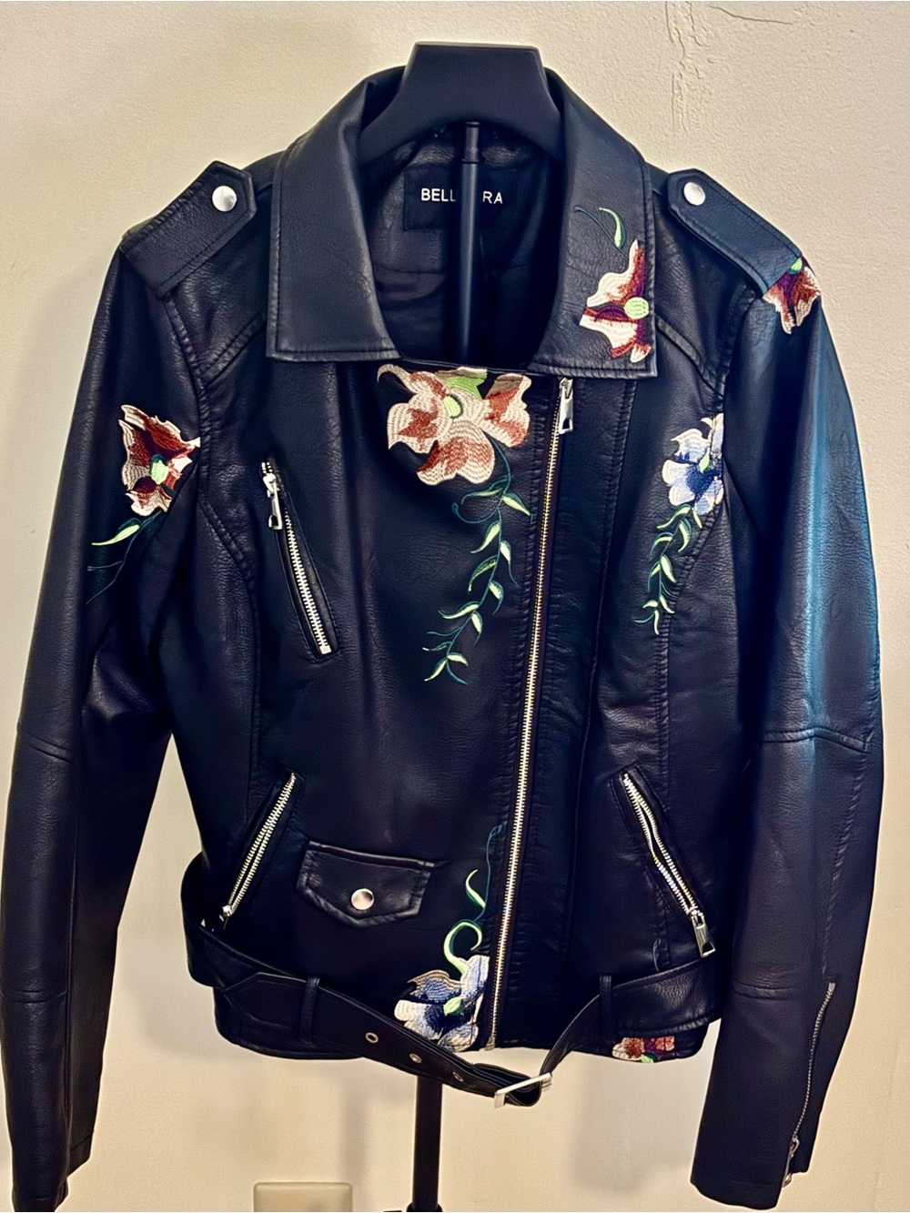 Bellara Black Embroidered Leather Biker Jacket